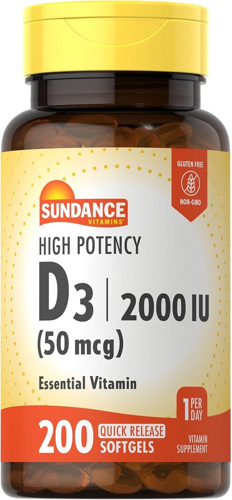 Sundance High Potency D3 2000 IU | 200 Hızlı Yayın Softgels | Essential Vitamin Formula | Non-GMO ve Gluten Ücretsiz Supplement