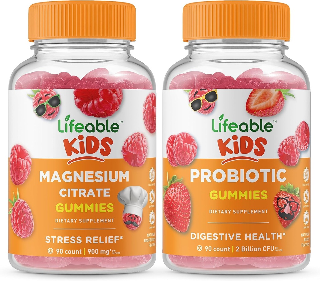 Lifeable Magnesium Kids + Probiotic 2 Billion CFU Kids, Gummies Bundle - Great Tasting, Vitamin Supplement, Gluten Free, GMO Free, Chewable Gummy