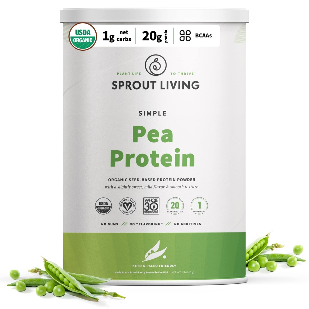 Sprout Living Organic Pea protein Toz, Unflavored, 20 Grams of Plant bazlı Organik Protein Toz Yapay Tatlıcılar olmadan, Sütsiz, Non-GMO, Vegan, Gluten Free (2 Pound, 38 Hizmet)