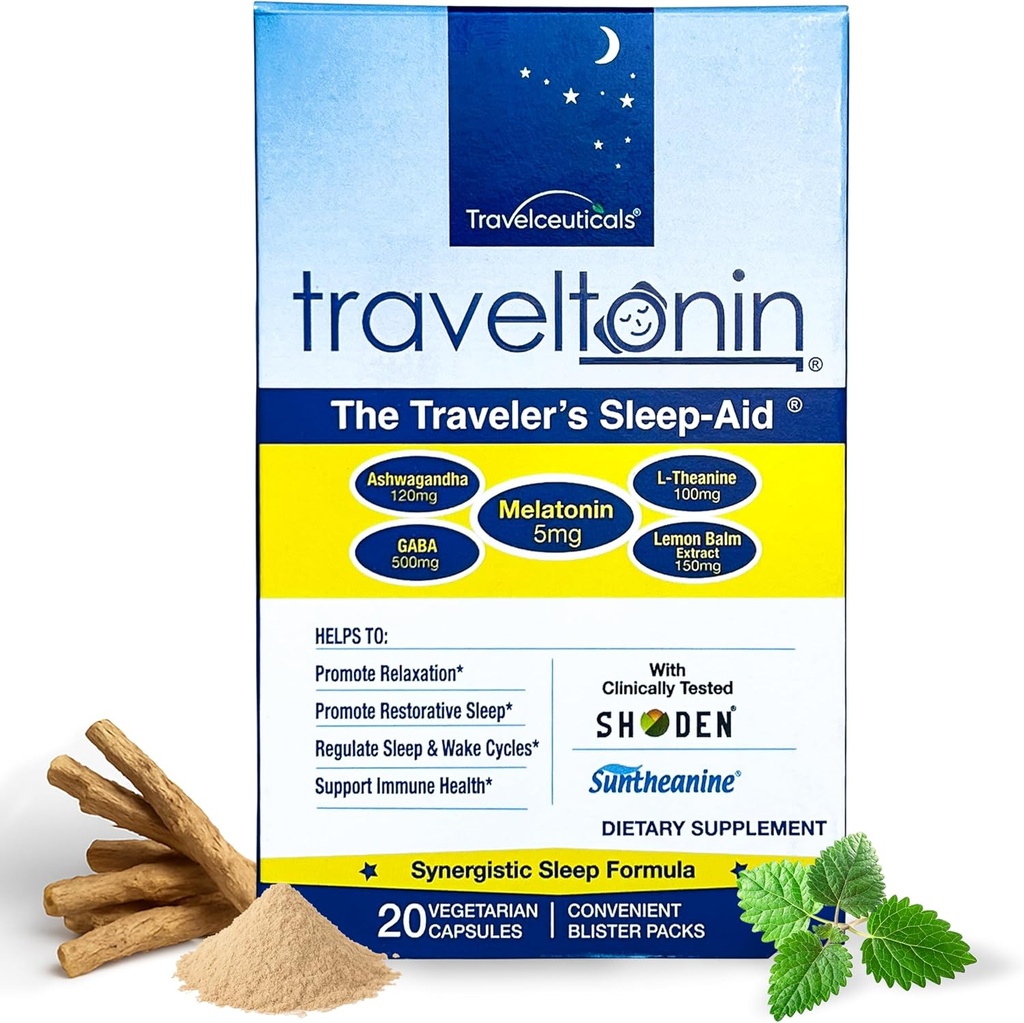 Seyahat Uyku Yardımı | Jet Lag Relief, Restorative Sleep, Immune Support | Flight, Hotel Essential | 5-in-1 Formula w/Melatonin, Ashwagandha, L-Theanine, GABA, Lemon Balm | 20 Capsules |