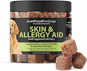 JustFoodForDogs Skin & Allergy Care Soft Chews συμπλήρωμα για σκύλους, εποχιακές αλλεργίες, Ichy Skin Relief, φλεγμονή, ανοσοποιητική υποστήριξη - 45 κόμης