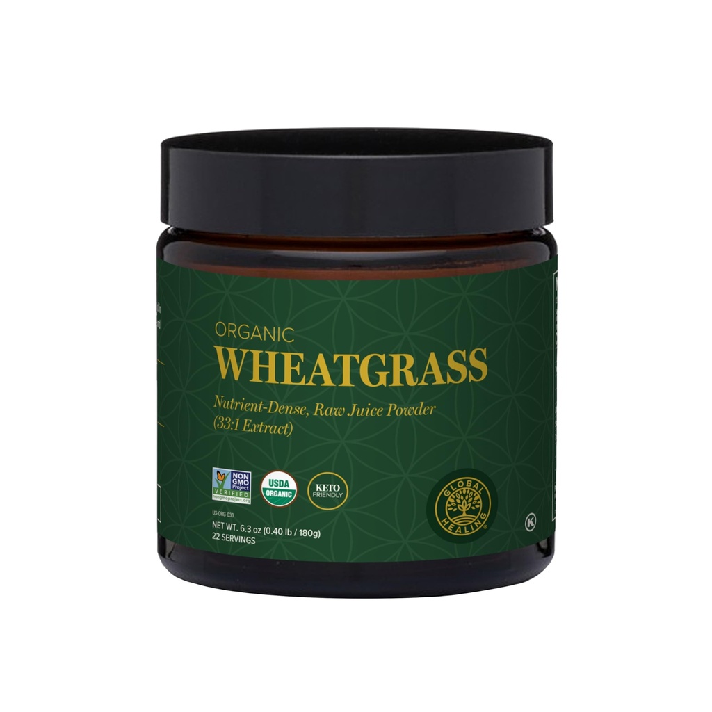 Global Healing Wheat Grass Powder Organic 180g - Nutrient-Dense, Raw Wheatgrass Juice Powder (33:1 Extract) with Strong Antioxidants for Immune Support & Energy Boost - Cold-Process, Non-GMO - 6.3 Oz