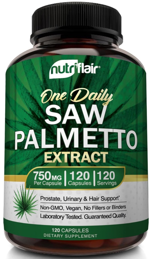 NutriFlair Saw Palmetto Extract 750 mg, 120 Capsules - Natural Prostate Supplement & Berry Sağlık Desteği - Saç kaybının önlenmesine yardımcı olmak ve kadın ve erkekler için Frequent Urination'ı azaltmanıza yardımcı olur.