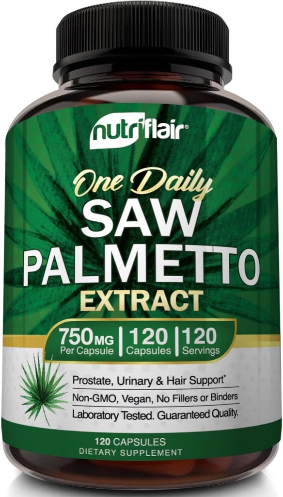 NutriFlair Saw Palmetto Extract 750mg, 120 κάψουλες - Φυσικό συμπλήρωμα Prostate & Berry Health Support - Βοηθά στην πρόληψη της απώλειας μαλλιών και βοηθά στη μείωση της συχνής ούρησης, για γυναίκες και άνδρες