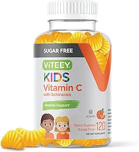 Viteey Kids Vitamin C Gummies 75mg, με Echinacea - Χωρίς ζάχαρη - Ανοσοποιητική υποστήριξη για τα παιδιά, Toddlers, & Teens - Vegan, Gelatin Free, Gluten Free, GMO Free - Νόστιμο Πορτοκαλί Γεύση Ανοσία Gummy