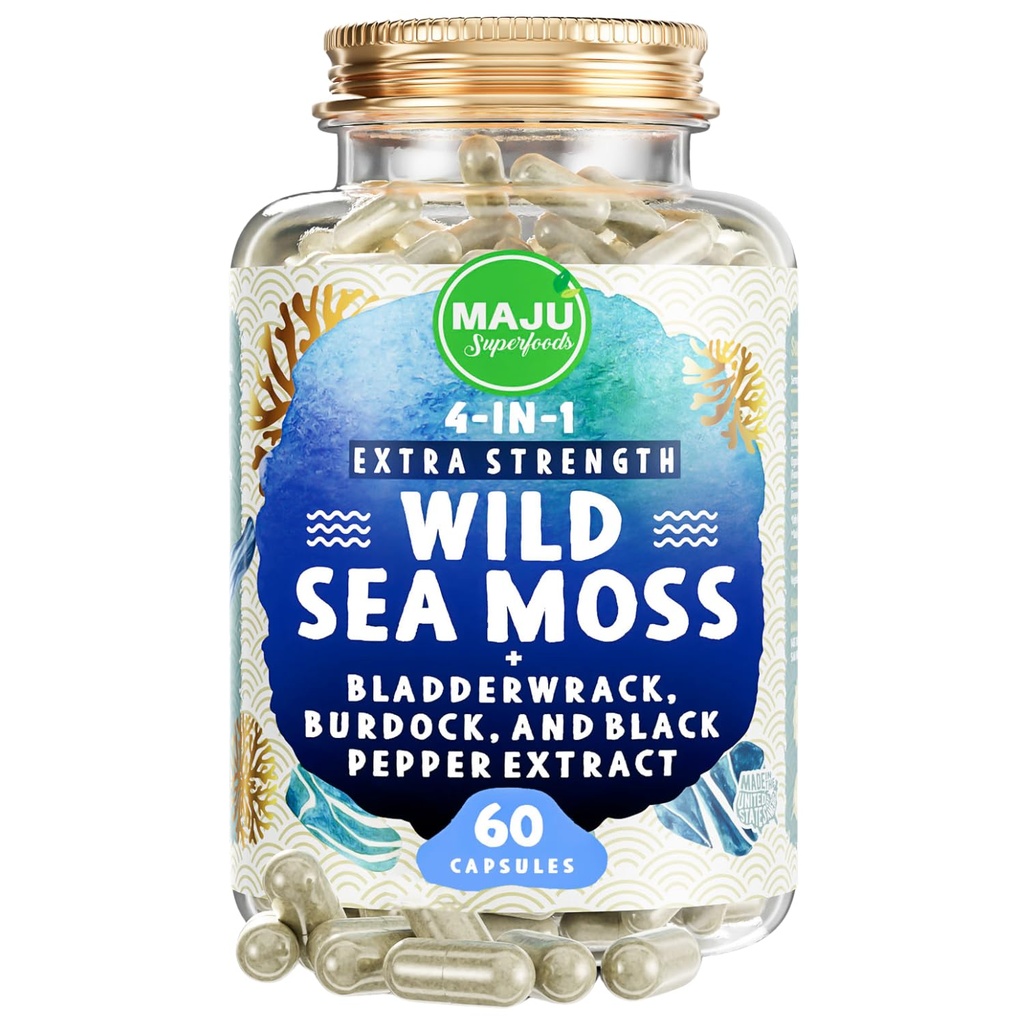 MAJU 4-in-1 Organik Deniz Moss Capsules, Wild Chondrus Crispus, Seamoss w/Bladderwrack + Burdock Root, Than Gel, İrlandalı, Sebi Inspired Raw Toz In Pills, 500 mg Capsule (60 ct)