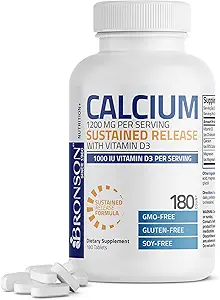 Bronson Calcium 1200 MG Per Serving Sustained Release with Vitamin D3 1000 IU Vitamin D3 Per Serving Non-GMO, 180 Tablets
