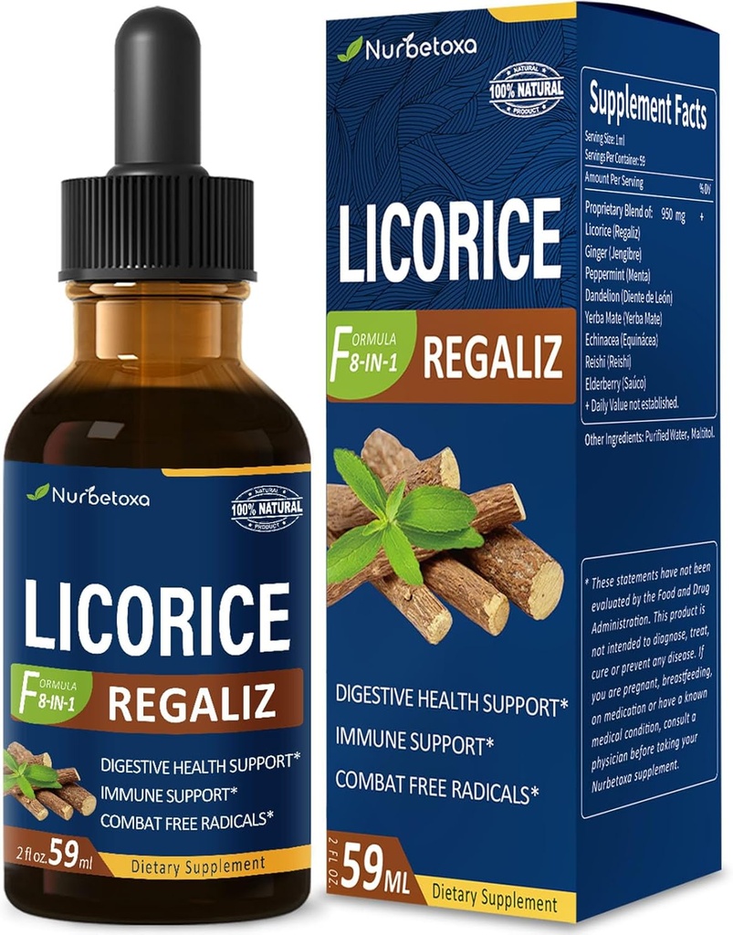 Licorice Root Extract Drops for Digestive Health, Natural Herbal Bloating Relief ve Immune Support Liquid Tincture Supplement with Dandelion, Peppermint, Ginger. ekstrato de Regaliz.