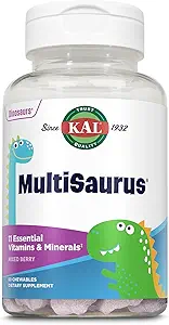 KAL MultiSaurus παιδιά μασώμενες πολυβιταμίνες, 11 βασικές βιταμίνες και ορυκτά για παιδιά, μικτή γεύση μούρου, γλουτένη και συντηρητικά δωρεάν, 60 υπηρεσίες, 60 Dinosaur-Shaped μασώμενα