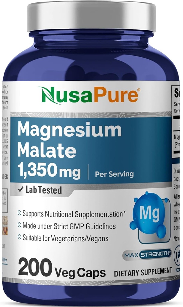 NusaPure Μαγνήσιο Μηλεϊκό 1350mg 200 Κάψουλες Veggie (Βέγκαν, Μη ΓΤΟ, Vegan)