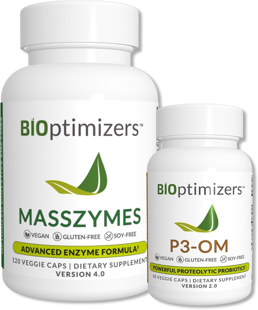 BiOptimizers - P3-OM ve MassZymes Sche - Kadınlar ve Erkekler için Premium Digestive Enzymes ve Probiyotikler - Doktor-Former (120 MassZymes Capsules, 60 P3-OM Capsules)