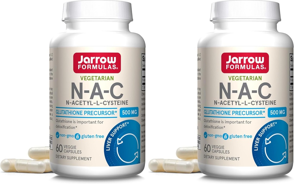 Jarrow Formulas N-A-C 500 mg - Antioksis asit Supplement Supports Cellular Health & Liver Function - Precursor to Glutathione - Up to 60 Services (Veggie Caps) (Pack of 2)