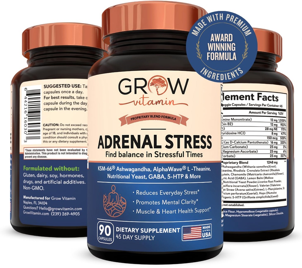 Grow Ad Vitamin Gelişmiş Formula, Organik KSM-66 Ashwagandha ile AlphaWave L-Theanine, 5-HTP, Magnezyum DNA - Günlük Stres Yardımı, Mood Support, Cognitive, Brain Health, 90 Capsules