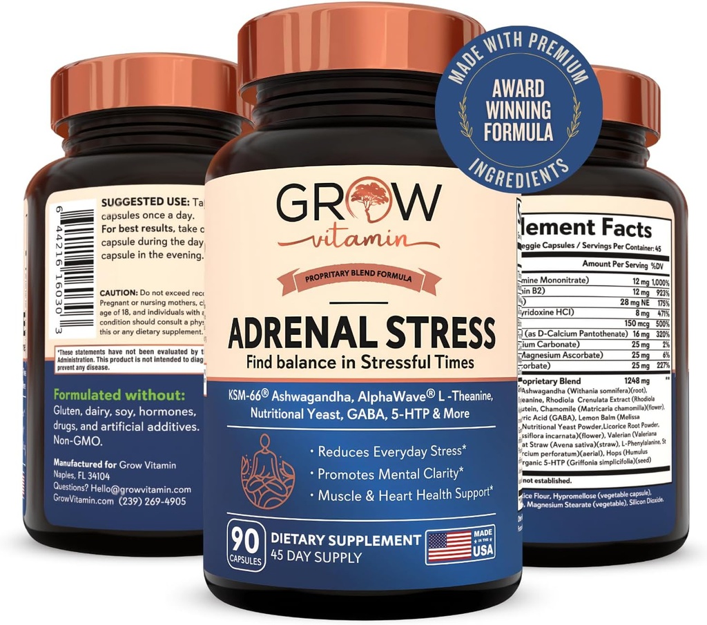Grow Ad Vitamin Gelişmiş Formula, Organik KSM-66 Ashwagandha ile AlphaWave L-Theanine, 5-HTP, Magnezyum DNA - Günlük Stres Yardımı, Mood Support, Cognitive, Brain Health, 90 Capsules