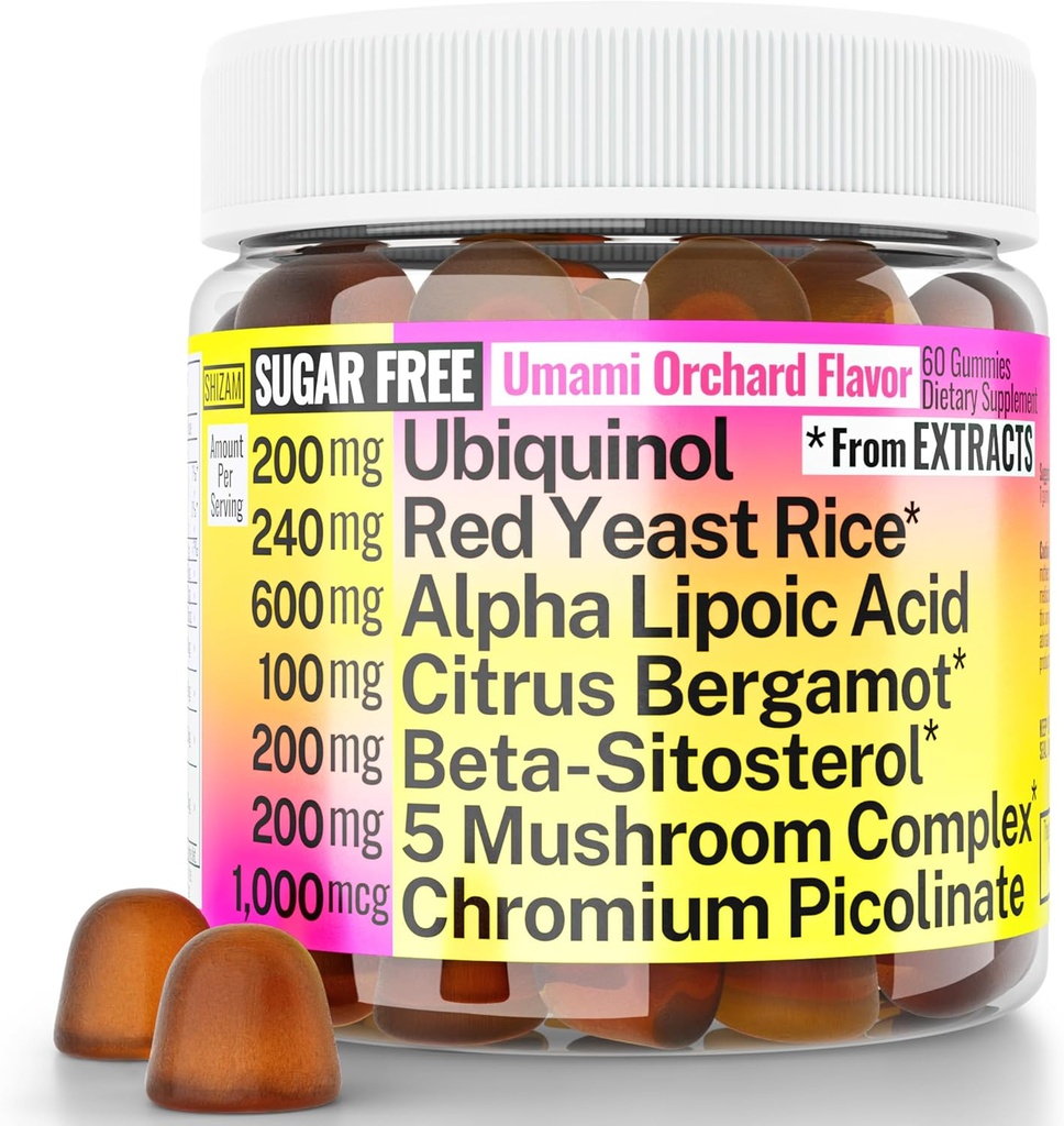 Red Yeast Rice Alpha Lipoic Acid Ubiquinol CoQ10 Citrus Bergamot Beta-Sitosterol Chromium Picolinate Sugar-Les Gummies w Lion's Mane Turkey Tail Reishi Cordyceps Chaga, Pills Capsules Supplement Alt