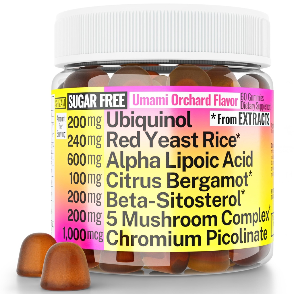 Red Yeast Rice Alpha Lipoic Acid Ubiquinol CoQ10 Citrus Bergamot Beta-Sitosterol Chromium Picolinate Sugar-Les Gummies w Lion's Mane Turkey Tail Reishi Cordyceps Chaga, Pills Capsules Supplement Alt