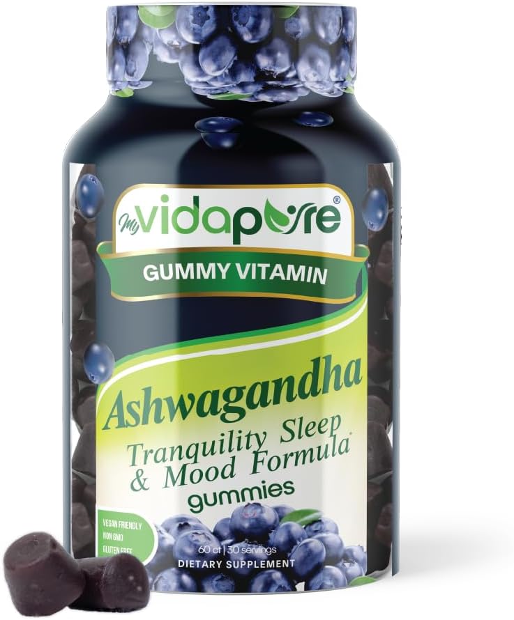 Ashwagandha Gummies, High Potency Ashwagandha Root Extract με Μαγνήσιο Γλυκινικό, Μελατονίνη, B6, Βαλεριάνα Root, GABA, Πάθος λουλούδι για άνδρες και γυναίκες. 60 κόμης 30 μερίδες από myVidaPure