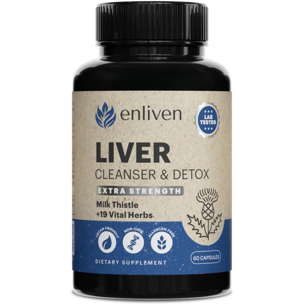 Enliven Liver Cleanse Detox & Capsule Tamirs | Natural Liver Support with Milk Thistle, Dandelion & Artichoke | Discovers Liver Health & Digestion | Non-GMO Herbal Supplement | 60 Capsules