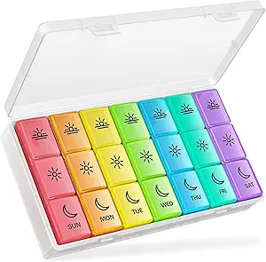 BUG HULL Pill Organizer 3 Times bir gün, Büyük Haftalık Tıp Pill Organizer 3X bir gün, 7 Günlük Pill Box Vakaları Sabah Noon Vitamin Için Bağışlama, Cod-Liver Oil, Supplements (Rainbow White)