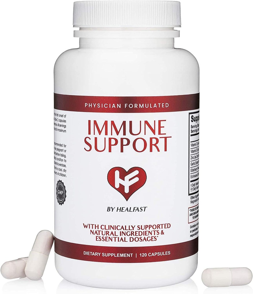 HealFast Klinik Immune Support Supplement | Sambucus Black Elderberry with çinko and Vitamin C, D, Garlic, Echinacea | Doktor Immune Defense | Immunity Vitamins - 120 Capsules