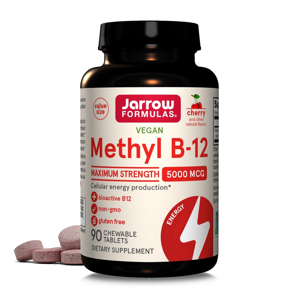 Jarrow Formulas Βιταμίνη B12 5000 mcg - Μέγιστη δύναμη για την Κυτταρική Ενέργεια και την Εγκεφαλική Υγεία, 90 Cherry Chewable Tables, B12 Βιταμίνες 5000 mcg