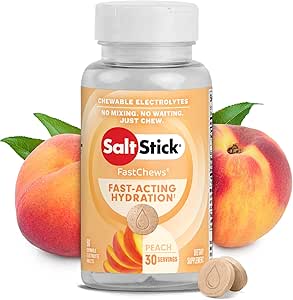 SaltStick Electrolyte FastChews - 60 Ροδάκινα Μασώμενα Ηλεκτρολυτικά Δισκία - Αλάτι Δισκία για Δρομείς, Αθλητική Διατροφή, Ηλεκτρολυτικά Μασάγια για Ενυδάτωση