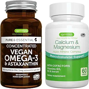 Vegan Omega-3 + Calcium & Magnesium Complex Vegan Bundle, Sustainable EPA & DHA Algae Oil 1340mg + 2:1 Plant Based Algae Mineral Complex, by Igennus