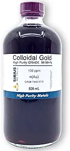 Αληθινό κολλοειδές χρυσό (100 ppm) - 99.99+% καθαρότητα - 500 mL (16.9 Fl Oz) σε ένα σαφές γυάλινο μπουκάλι