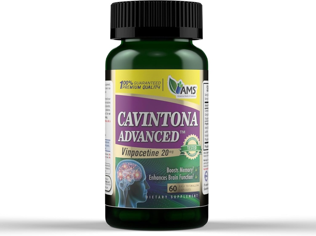 Amerika Medic & Science Cavintona Advanced Supplement – Vinpocetine 20mg for Memory, Recall & Brain Health – Supports Cognitive Function, Focus, mental Clarity & Blood Flow – 60 Capsules