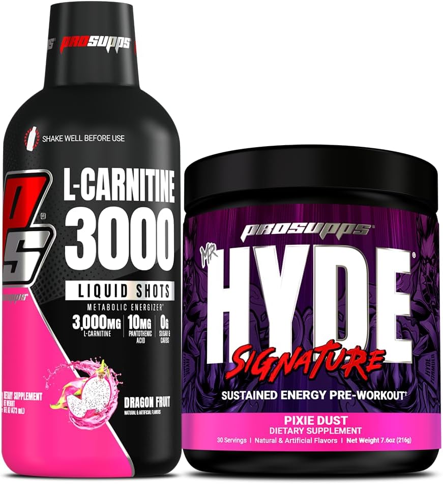 PROSUPPS L-Carnitine 3000 Stimulant Ücretsiz Sıvı Shots (31 Hizmet, Ejderha Meyvesi) ve Bay Hyde Signature Series Pre-Workout Energy Tozed Drink (30 hizmet, Pixie Dust)