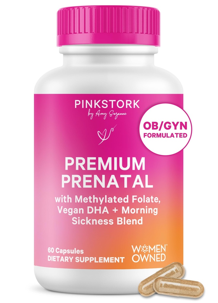 Pink Stork Premium Prenatal Vitamin for Women - Organik Tüm Gıda Malzemeler, Multivitamin & Probiyotikler - Sabah Hastalığı, Digestion, & Energy - Folate, B6, & Iron - 60 Capsules
