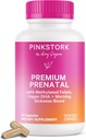 Pink Stork Premium Προγεννητική Βιταμίνη για τις γυναίκες - Βιολογικά συστατικά ολόκληρων τροφίμων, πολυβιταμίνη & προβιοτικά - Πρωινή Ασθένεια, Διέγερση, & Ενέργεια - Φολικό, B6, & Σιδήρου - 60 κάψουλες