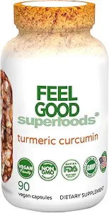 Feel Good Superfoods 1000 mg Turmeric Curcumin Capsules, Forized with 95 Curcumin Extract and Black Pepper Extract, 90 Count