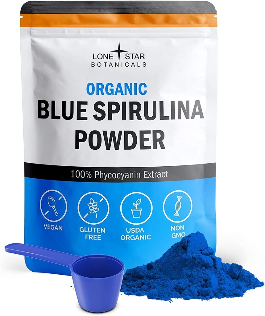 Lone Star Botanicals Organik Blue Spirulina Toz - 100% Pure Blue-Green Algae, No Fishy Chicken, Vegan Superfood for Smoothies & Drinks, Non GMO, Gluten-Free, Vegan