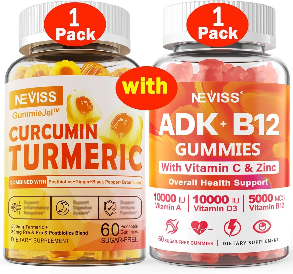 1Pack Turmeric Curcumin Gummies + 1Pack Vitamin ADK ile B12 Gummies