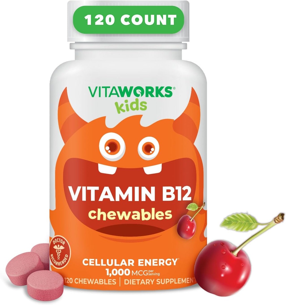 Çocuklar için B12 1000 mcg Chewable Tabletler - Tasty Natural Cherry Flavor - Vegan, GMO-Free, Gluten Free, Nut Free - Diyet Supplement - Hücre Enerji Vitaminleri - 120 Chewables