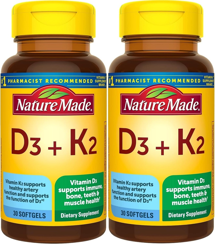 Nature Made Vitamin D3 K2, 5000 IU (125 mcg) Βιταμίνη D, Συμπλήρωμα διατροφής για τα οστά, τα δόντια, τους μυς και το ανοσοποιητικό υγεία υποστήριξη, 30 Softgels, 30 ημέρα προσφοράς - πακέτο των 2