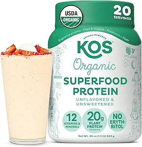 KOS Vegan Protein Powder, Unflavored & Unsweetened - Low Carb Pea Protein Blend, Organic Superfood Rich in Vitamins & Minerals - Keto, Soy, Dairy Free - Meal Replacement for Women & Men - 20 Servings