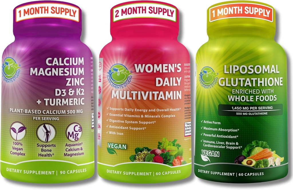 Vegan Bone & Immune Support Sche - Liposomal Glutathione 500 mg with Organic Whole Foods + Women's Daily Multivitamin with Iron & Plant-Baseduba, Magnezyum, D3, K2, çinko ve Turmeric