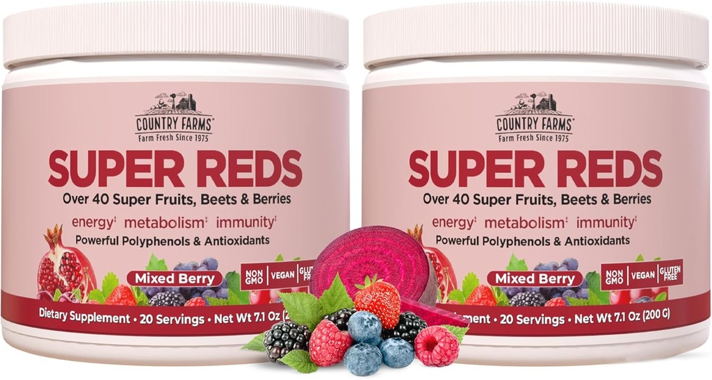 COUNTRY FARMS Super Reds, Polyol Superfood'ı enerjilendirmek, 40'tan fazla Super Meyve ve Meyve, Güçlü Antioksilar ve Polyols, Destekler Enerji, Destekler Circulation, 40 Hizmet, Karma Berry