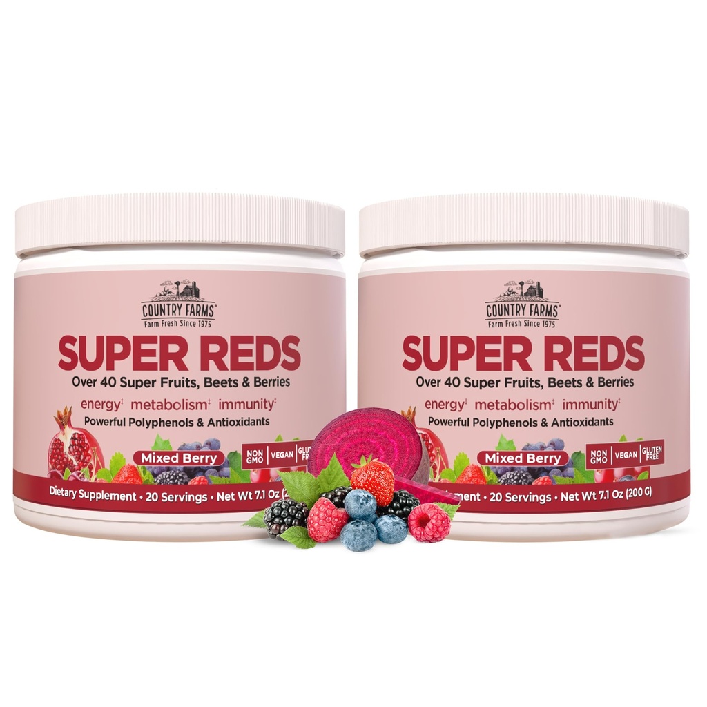 COUNTRY FARMS Super Reds, Polyol Superfood'ı enerjilendirmek, 40'tan fazla Super Meyve ve Meyve, Güçlü Antioksilar ve Polyols, Destekler Enerji, Destekler Circulation, 40 Hizmet, Karma Berry