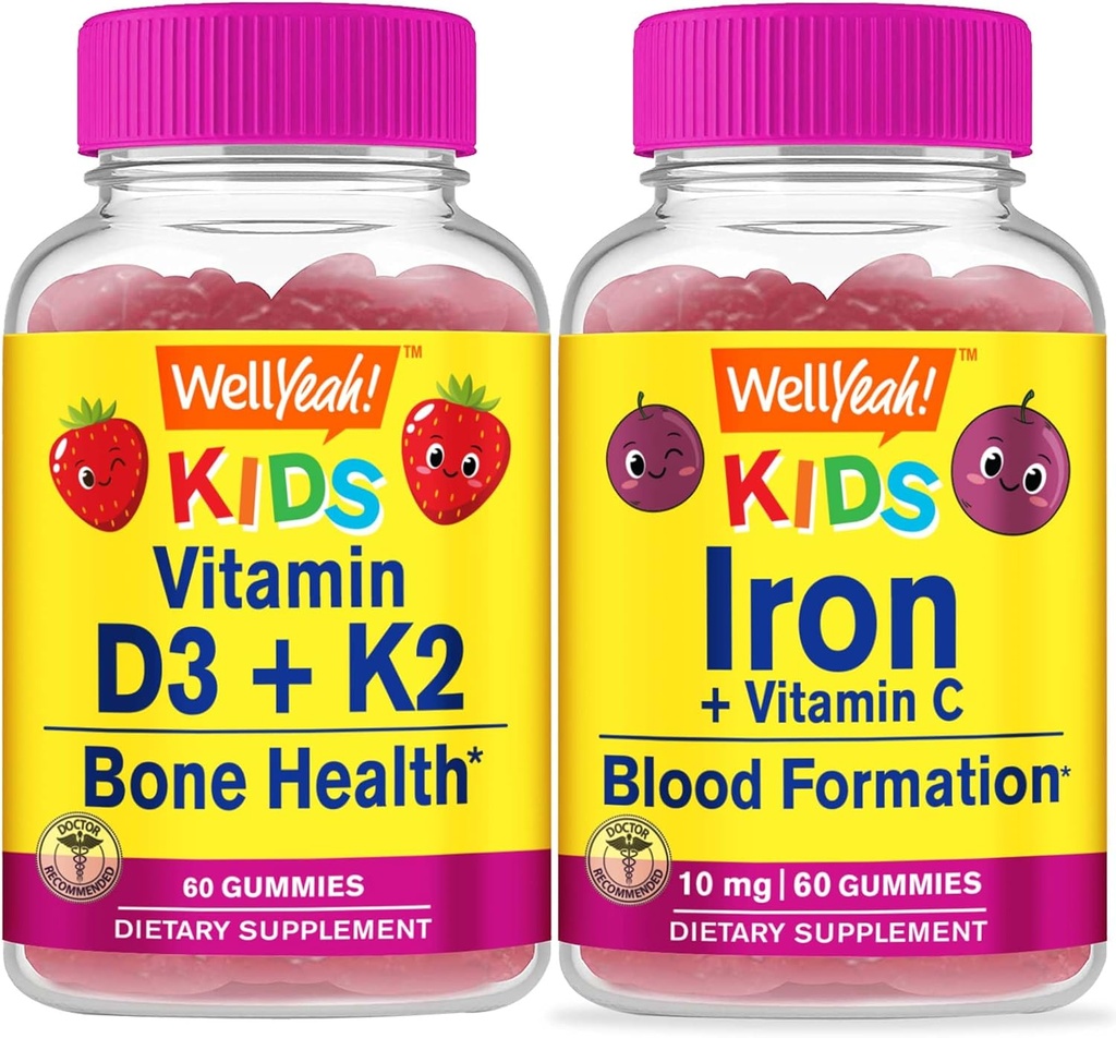 WellYeah Vitamin D3+K2 Kids + Iron + Vitamin C Kids, Gummies Bundle - Great Tasting, Vitamin Supplement, Gluten Free, GMO Free, Chewable Gummy
