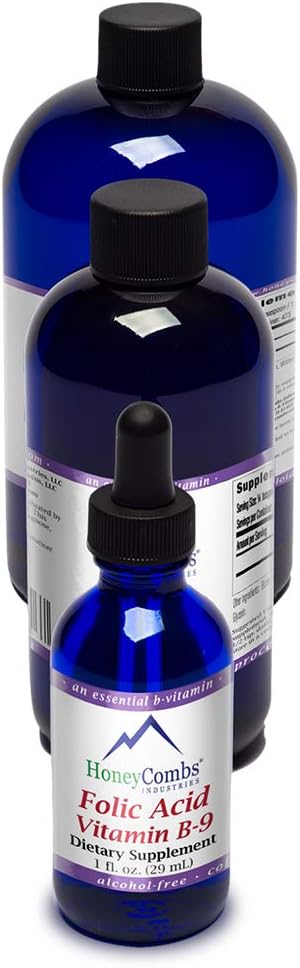 HoneyCombs Vitamin B9 Liquid Drops - Yüksek Potency Sıvı Vitamin B9 Kadınlar için Folic Asit Supplement - Sağlıklı Yaşamcı, Gecikme ve Genel Sağlık - Soğuk Basınlı Vegan Vitaminleri Bırakıyor (16 Fl oz)