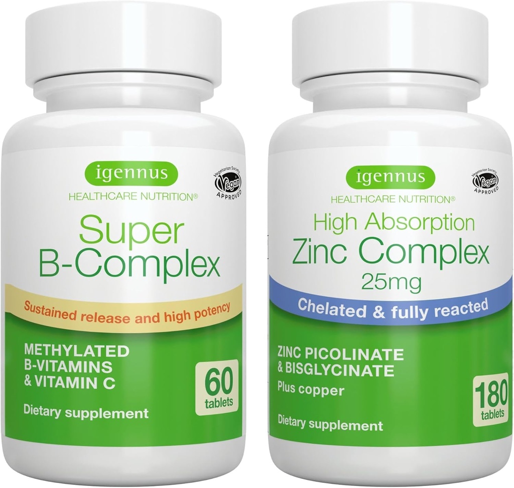 Super B-Complex + çinko Kompleksi Vegan Sche, Metilated Sustained release B Complex + 25mg Chelated çinko Picolinate & Bisglycinate with Copper, by Igennus