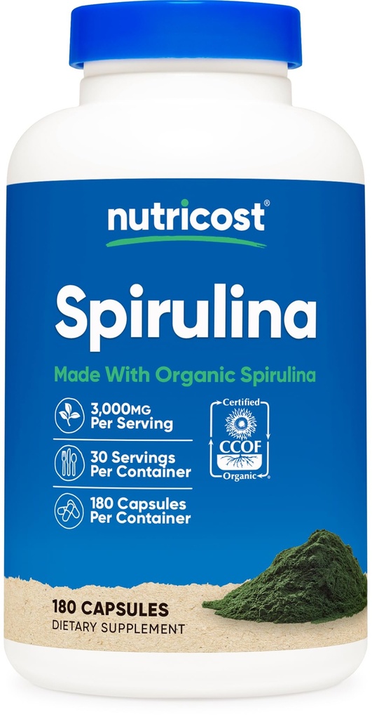 Nutricost Spirulina 3.000 mg, 30 Hizmet için 180 Capsules - CCOF Organik Spirulina, Gluten Free, Vegetarian