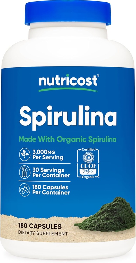 Nutricost Spirulina 3.000 mg, 30 Hizmet için 180 Capsules - CCOF Organik Spirulina, Gluten Free, Vegetarian