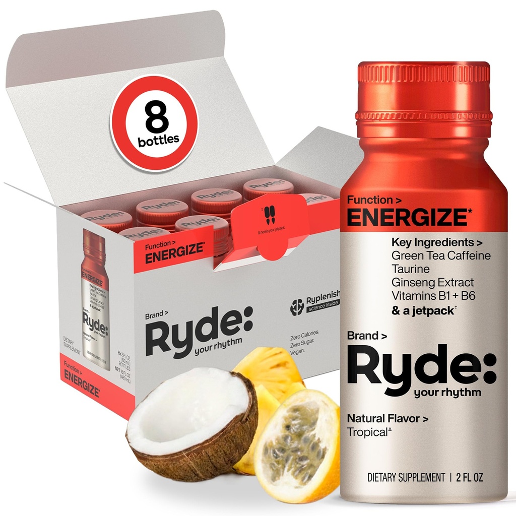 Ryde: Energize Shot | Trovor | Green Tea Caffeine, Taurine, Reality Extract & B Vitamins | 0 Calories, 0 Sugar | 2 FL OZ Shots | Boosts enerji * (8 Pack)