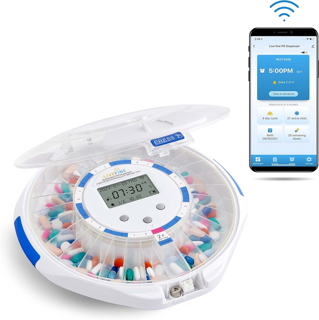 Canlı Güzel Akıllı WiFi Otomatik Pill yapıştırıcısı Clear Lid | 28 Günlük İlaç Organize 9 Dos için Gündür Kilit Key, Işık/Sound Alarms for Prescriptions & Vitamins