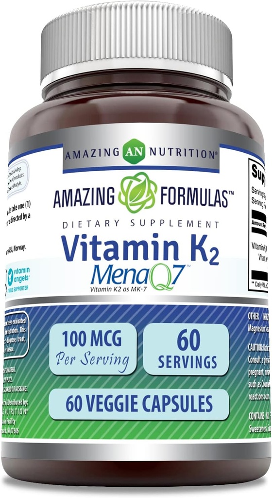 Amazing Formulas Vitamin K2 Menaq7 MK7 Supplement | 100 Mcg | Veggie Capsules | Non-GMO | Gluten Free | Made in USA (1 Pack, 60) Count