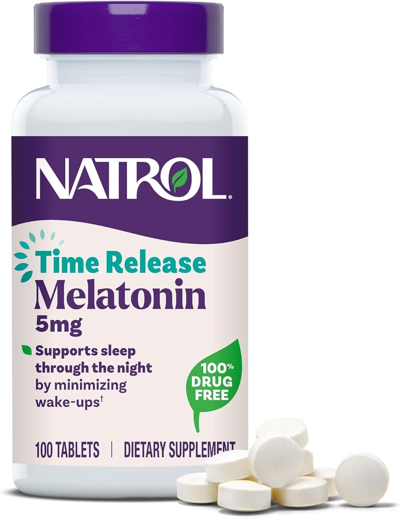 Natrol Melatonin 5 mg Time Release, Dietary Supplement to Minimize Wake Ups, Nighttime Sleep Aid, 100 Tablets, Up to a 100 Day Supply
